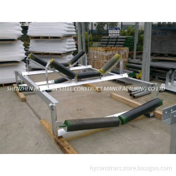 belt conveyor system trough idler set with frame and tapered roller